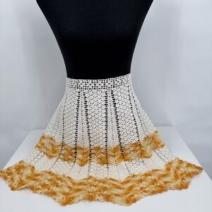 Hand Crocheted Half Apron In Yellow Orange Cream Chevron Pattern Vintage Unique